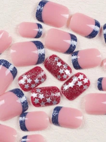 24短型橢圓形藍色閃粉法式紅白配件星星閃粉美甲貼片，適用於派對跳舞日常穿著，完全覆蓋您的假指甲，搭配果凍棒及指甲修整梳 - 彩色 - 查看 3