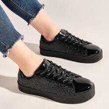 女士閃亮網球運動鞋，霓虹彩色派對閃亮運動鞋，鑽石閃亮婚禮新娘鞋，閃爍亮片鞋 - 黑色 - 查看 3