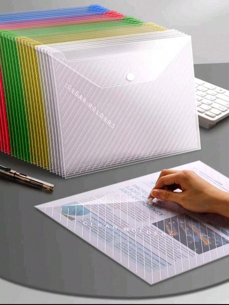 A4 Size Waterproof And Thick Transparent Button Snap Document Bag, Large Capacity For Office Supplies, Archival Storage, Exam Paper Bag For Students - Multicolor - View 1