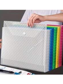 A4 Size Waterproof And Thick Transparent Button Snap Document Bag, Large Capacity For Office Supplies, Archival Storage, Exam Paper Bag For Students - Multicolor - View 2