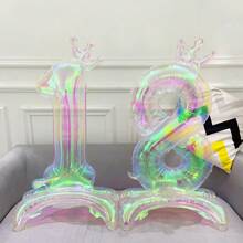 MECRLA 1 个透明彩色皇冠形数字气球带支架，非常适合生日派对、周年纪念、摄影道具、房间和户外装饰， - 透明炫彩-底座皇冠數字 - 查看 5