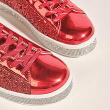女性閃亮網球運動鞋，霓虹亮色鞋款，閃閃發光的鑽石婚禮新娘鞋，閃亮的亮片鞋 - 紅色 - 查看 4