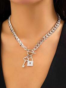 Collar de colgante de llave en forma de candado de cadena punk europeo y americano para mujeres, clásico y de moda, pulsera geométrica con hebilla OT y cadena microincrustada