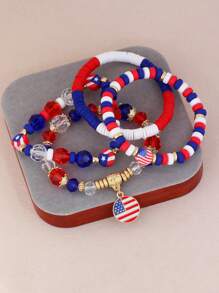 GuoShuang 7 pièces/set Bracelet élastique avec lettre de l'alphabet perlé thème Jour de l'Indépendance avec décoration d'étoile et de drapeau, style européen et américain