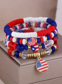 GuoShuang 7 pièces/set Bracelet élastique avec lettre de l'alphabet perlé thème Jour de l'Indépendance avec décoration d'étoile et de drapeau, style européen et américain