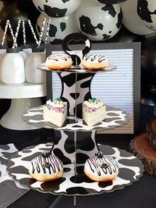 1 pieza Soporte para cupcakes de 3 niveles con estampado de vaca, decoración para fiesta de cumpleaños, bandeja para pasteles, soporte de cartón para cupcakes, torre de cupcakes, adecuado para suministros de fiesta con tema salvaje - Multicolor - Ver 4