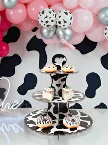 1 pieza Soporte para cupcakes de 3 niveles con estampado de vaca, decoración para fiesta de cumpleaños, bandeja para pasteles, soporte de cartón para cupcakes, torre de cupcakes, adecuado para suministros de fiesta con tema salvaje - Multicolor - Ver 3