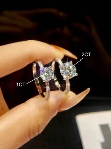 1 Pieza Anillo de compromiso de Moissanite de 1-3ct y banda de bodas S925 Plata de ley redondo anillo de promesa y anillo de eternidad de aniversario joyería de lujo regalos para mujeres anillo de diamantes de imitación - Plateado - Ver 4