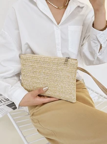 1PC Women's Wheat Braided Grass Woven Bag Women's Clip Bag Handmade Woven Bag Mobile Change Bag Handheld Bag - Khaki - View 2