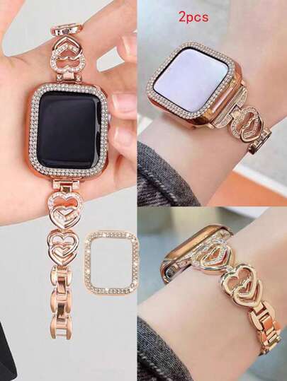 一套锌合金心形水钻装饰金属表带手链 + 一个水钻表壳，兼容 9SE、8、7、6、5、4、3、2、1、Ultra，尺寸 38mm、40mm、41mm、44mm、45mm，佩戴方便，尺寸可调节，时尚玫瑰金表带，闪耀元素，女士专属