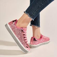 女士閃爍網球運動鞋霓虹亮眼閃亮運動鞋，鑽石閃爍婚禮新娘鞋，閃亮亮銀片鞋 - 粉色 - 查看 2