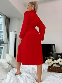 女士优雅奢华V领系带睡袍，秋季、圣诞节、冬季皆宜。