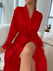 女士优雅奢华V领系带睡袍，秋季、圣诞节、冬季皆宜。