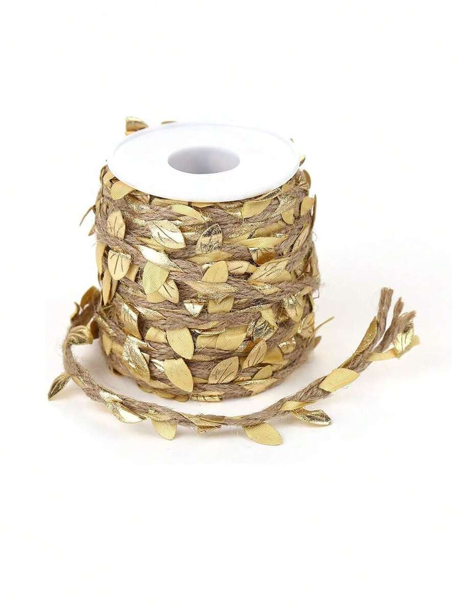 1卷66英尺金色粗麻葉狀絲帶，創意天然麻繩5MM，配有人工金色葉片，適用於婚禮，家居，聖誕派對裝飾 - 黃色 - 查看 1