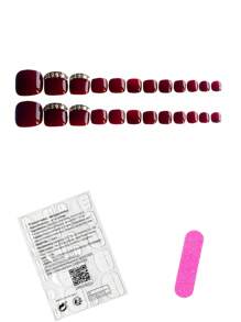 Instantly Upgrade Your Look With 24pcs Short Square Shape Press On Toenails Set Elegant And Sparkling Diamond Wine Red Solid Color Full Coverage Fake Toenails Kit Manicure Set Includes 1sheet Adhesive Tabs &1pc Mini File For Women And Girls Office Daily Wear False Toenails Jelly Glue Is Randomly Shipped