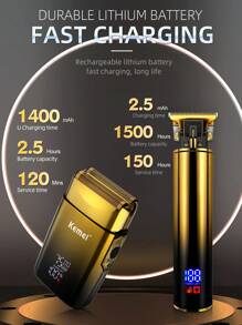 KEMEI 二合一多功能套裝理髮師，電動剃刀，快速剃鬚，三段調速，LCD LCD顯示屏，USB充電，充滿電，強大，必備理髮店套裝，適用於家庭、髮廊、辦公室、商務、旅行、節日禮物 - 金色 - 查看 8