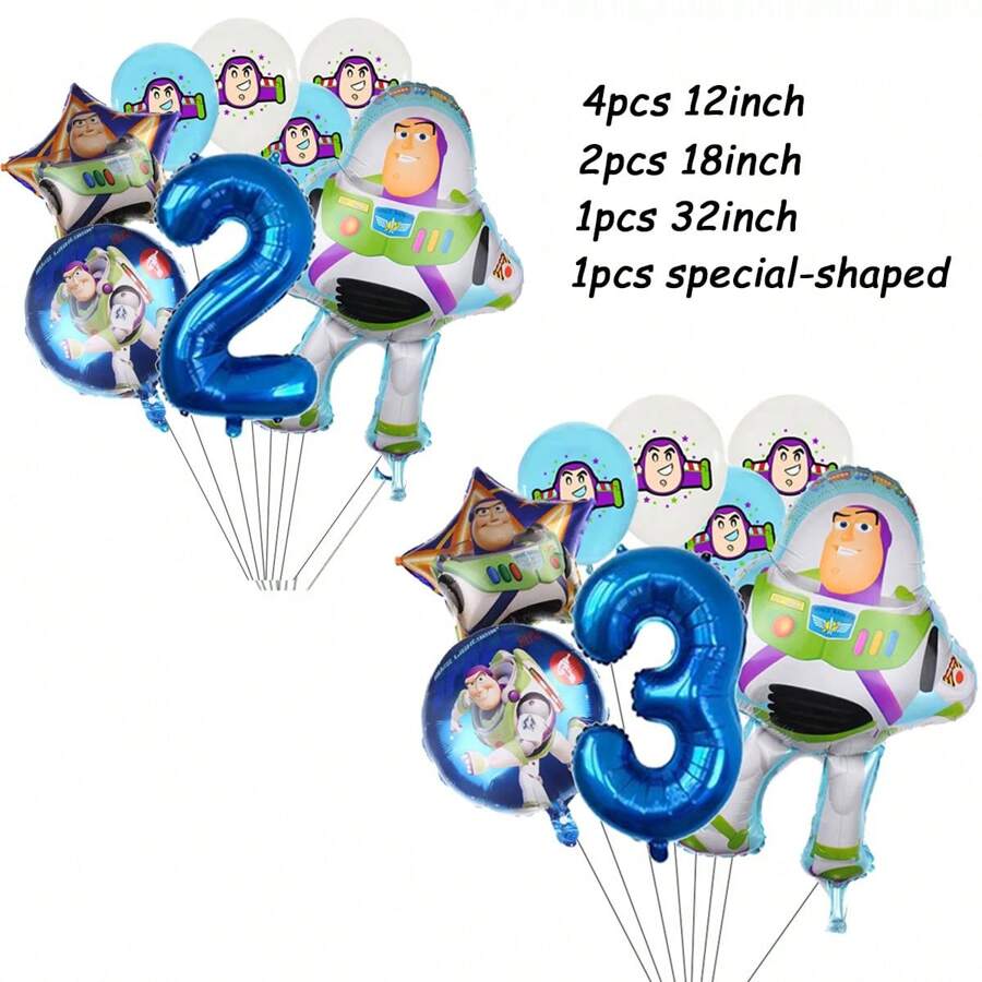 Set de globos Toy Story azules y blancos de cumpleaños de 8 piezas con globos numerados de Buzz y Woody para decoración de fiestas y suministros de regalos - Multicolor - Ver 1