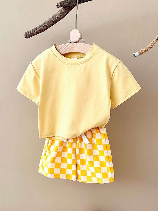 2 件套男童休闲纯色短袖 T 恤格纹双色短裤，夏季