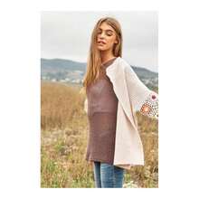 Crochet Floral Printed Long Sleeve Knit Cardigan - Beige - View 3