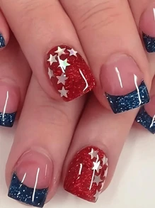 24短型橢圓形藍色閃粉法式紅白配件星星閃粉美甲貼片，適用於派對跳舞日常穿著，完全覆蓋您的假指甲，搭配果凍棒及指甲修整梳 - 彩色 - 查看 1