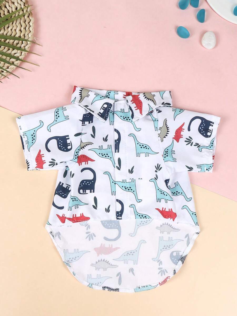 A Non-Stretch, Slim-Fit Summer Pet Shirt In White With A Little Dinosaur Design, Suitable For Kittens And Puppies To Wear At Home Or Outdoors In Spring And Summer (The Product Runs A Bit Small, It's Recommended To Buy 1-2 Sizes Up).