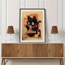 1pc No-Frame Black Cat Eating Noodles Poster Decorative Canvas Art, Waterproof Wall Art, Artistic Mural, Suitable For Gift, Bedroom, Office, Living Room, Coffee Shop, Bar, Home And Dorm Decoration - Multicolor - View 5