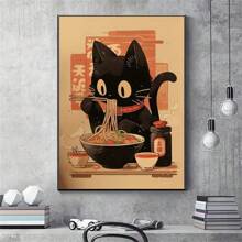 1pc No-Frame Black Cat Eating Noodles Poster Decorative Canvas Art, Waterproof Wall Art, Artistic Mural, Suitable For Gift, Bedroom, Office, Living Room, Coffee Shop, Bar, Home And Dorm Decoration - Multicolor - View 1