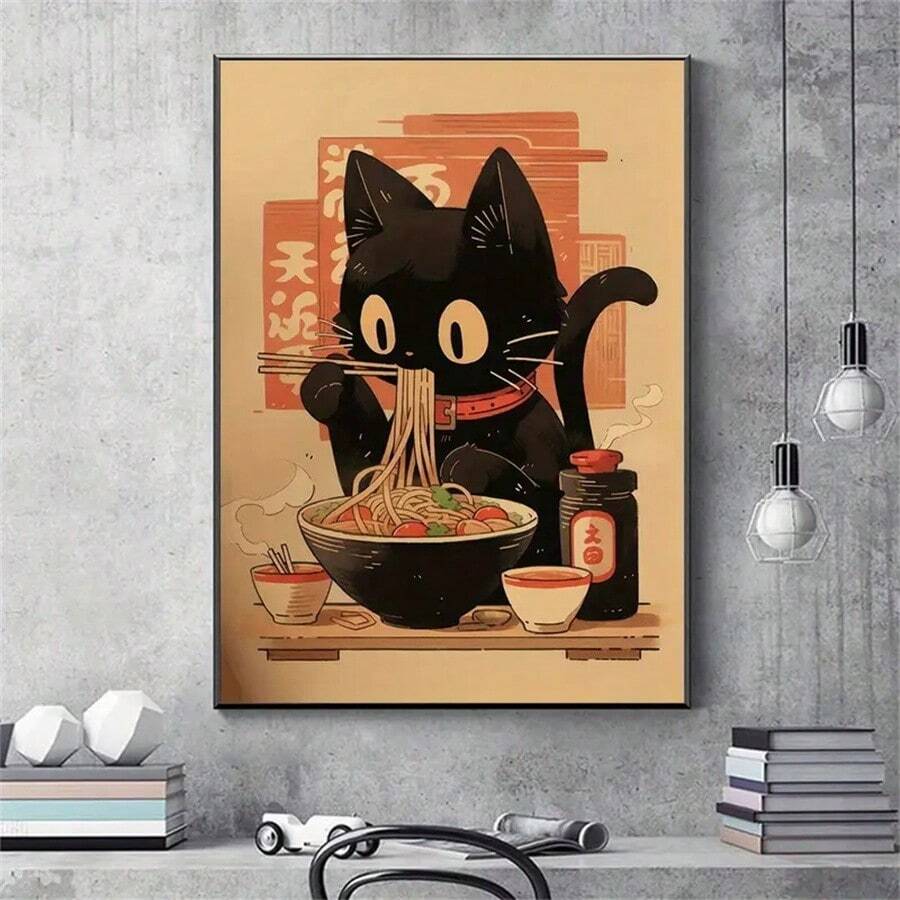 1pc No-Frame Black Cat Eating Noodles Poster Decorative Canvas Art, Waterproof Wall Art, Artistic Mural, Suitable For Gift, Bedroom, Office, Living Room, Coffee Shop, Bar, Home And Dorm Decoration - Multicolor - View 1