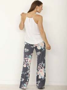Floral Drawstring Fold Over Band Wide Leg Lounge Pants - Navy Blue - View 2