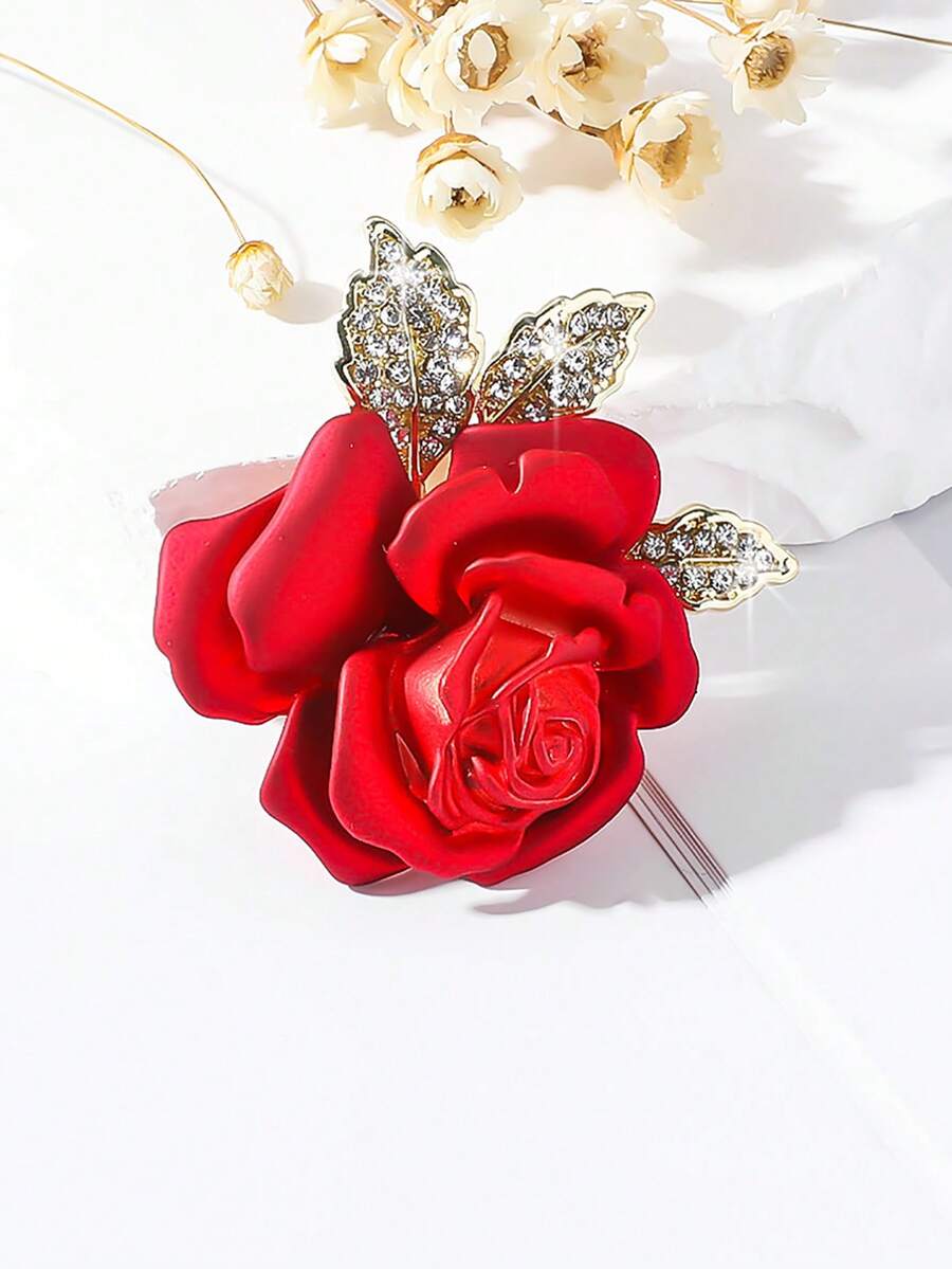 1pc Fashionable Painted Rose Flower Brooch, Lapel Pin, Suit Accessory - Red - View 1