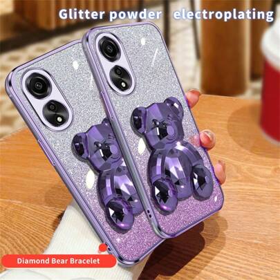 Cute Phone Case Electroplating Glitter Diamond-Shaped Bear Folding Stand Phone Case, Compatible With OPPO A60, A77S, A77, A18, A38, RENO 7Z, RENO 12, 11 F, RENO 8Z, 8T, Electroplating Glitter Phone Case, Diamond-Shaped Bear Folding Stand Phone Case Protective Cover, Stylish Colorful Glitter, Women's Electroplated Soft Shell, Anti-Drop Protective Case, Suitable