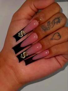 Yeah Bomb 24入自然式指甲貼，附幣飾，簡約商務風，適用於約會、生日、假期、學校和日常穿著，附指甲文件和一塊凝膠 - 黑色 - 查看 1