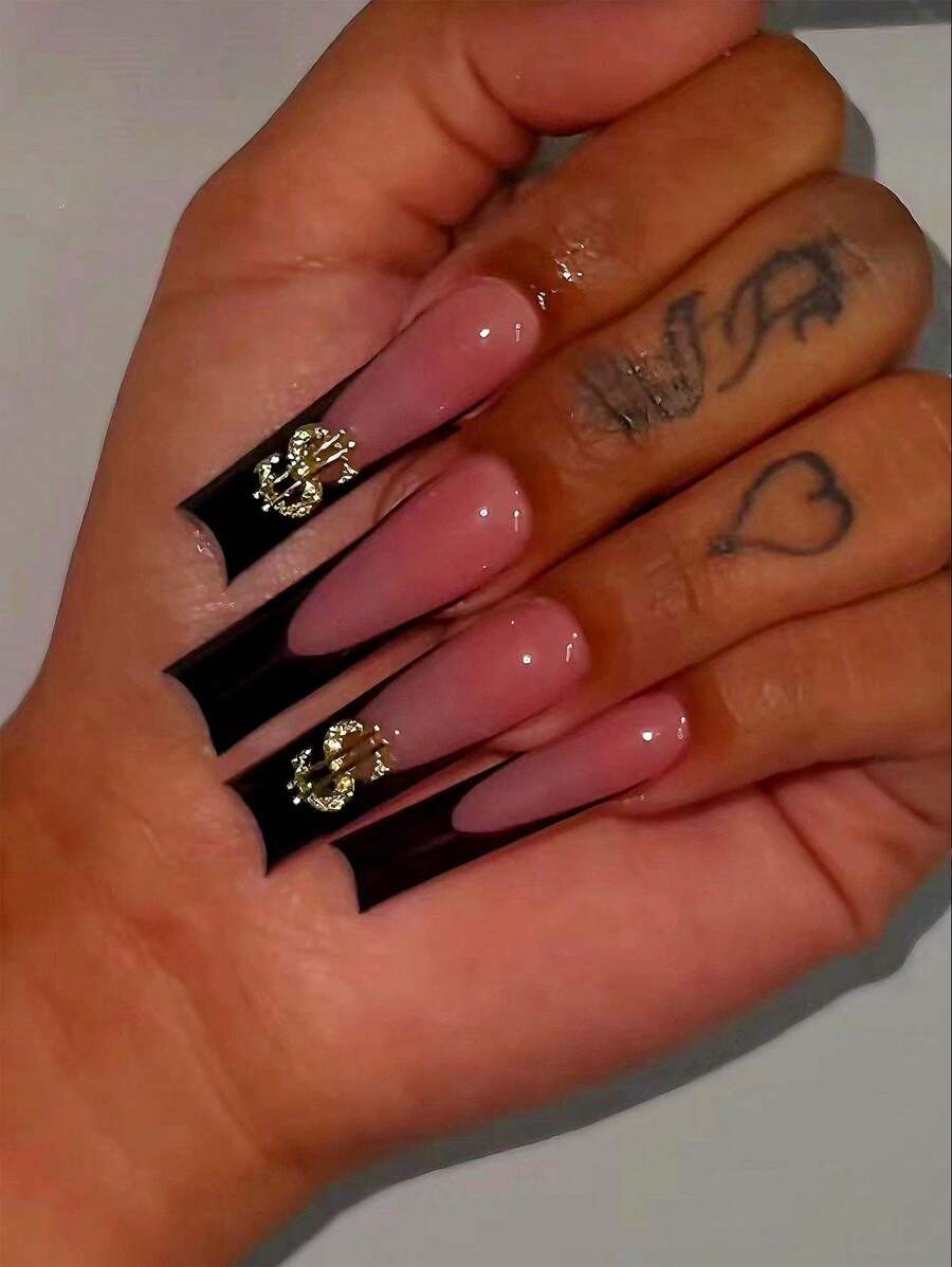 Yeah Bomb 24入自然式指甲貼，附幣飾，簡約商務風，適用於約會、生日、假期、學校和日常穿著，附指甲文件和一塊凝膠 - 黑色 - 查看 1