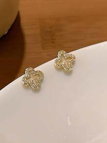 Fashionable Small Silver Four-Leaf Clover Stud Earrings For Women Valentines,Mom,Mother,Mother's Day,Gift - Gold - View 2