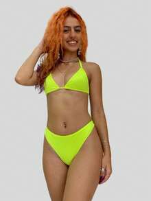Biquini feminino cortininha triangular amarelo neon bojo removível fio duplo asa delta bojo removível praia verao