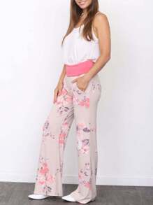 Floral Drawstring Fold Over Band Wide Leg Lounge Pants - Màu Hồng  San hô - Xem 2