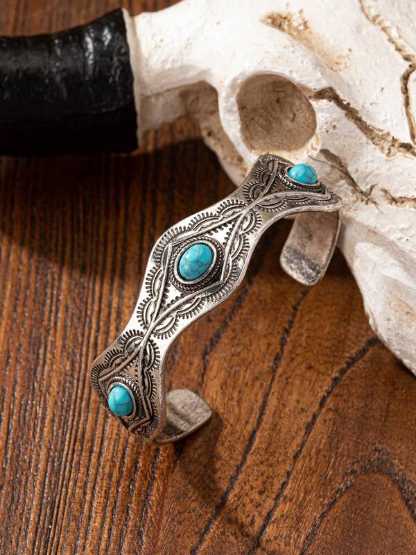1 Pc Blue Turquoise Acrylic Decor Western Concho Cuff Bangle Statement Bracelet For Cowgirl