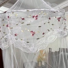 繡花花邊床幔，優雅花卉圖案-針織聚酯紗床帳幔，圓頂頂部公主遊戲帳篷，無支架，可機洗，粉色 - 白色 - 查看 3