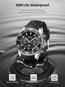 BIDEN 1pc Men's Diving Watch, Chronograph, Waterproof, Night Light, Silicone Strap, Analog, Date, Fashionable Sports Watch - Black - View 6