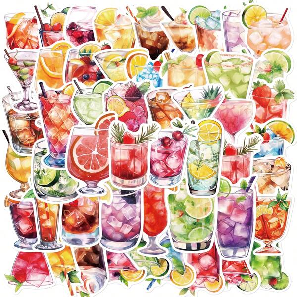 50 piezas de pegatinas de bebidas de cóctel en vinilo para scrapbooking, diario, portátil, parachoques, patineta, botella de agua, ordenador, teléfono, caricaturas, casco, pegatinas y calcomanías para coche con estética.