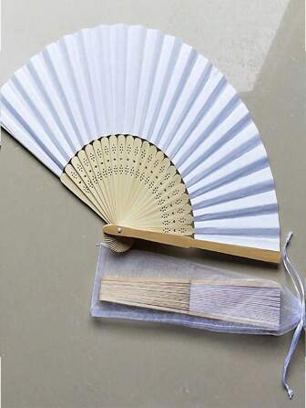 50pcs White Hand Fan Mesh Bags With Pearl Sheer, Organza Pouch For Hand Fan Storage Or Gift Packing