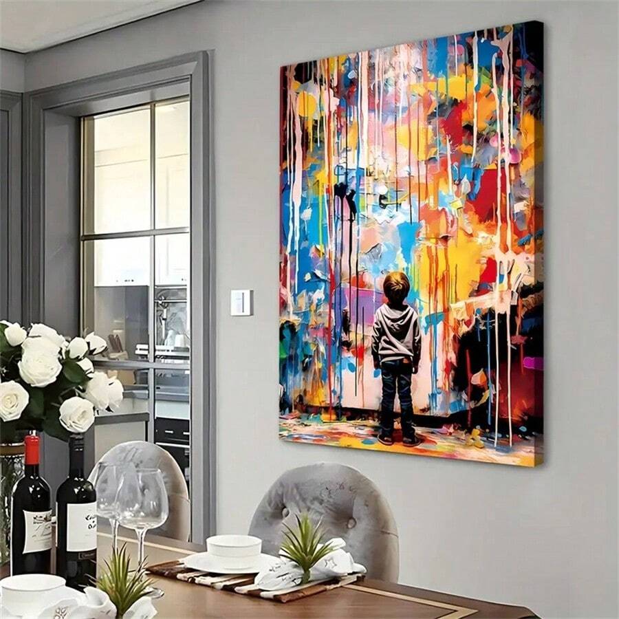 1入街頭塗鴉風格帆布牆飾，現代流行藝術畫，裝飾藝術經典風格，幾何景觀主題，室內肖像牆掛飾，適用於廚房，家庭辦公室，客廳，臥室，餐廳等 - 無框架 - 彩色 - 查看 1