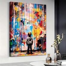 1入街頭塗鴉風格帆布牆飾，現代流行藝術畫，裝飾藝術經典風格，幾何景觀主題，室內肖像牆掛飾，適用於廚房，家庭辦公室，客廳，臥室，餐廳等 - 無框架 - 彩色 - 查看 2