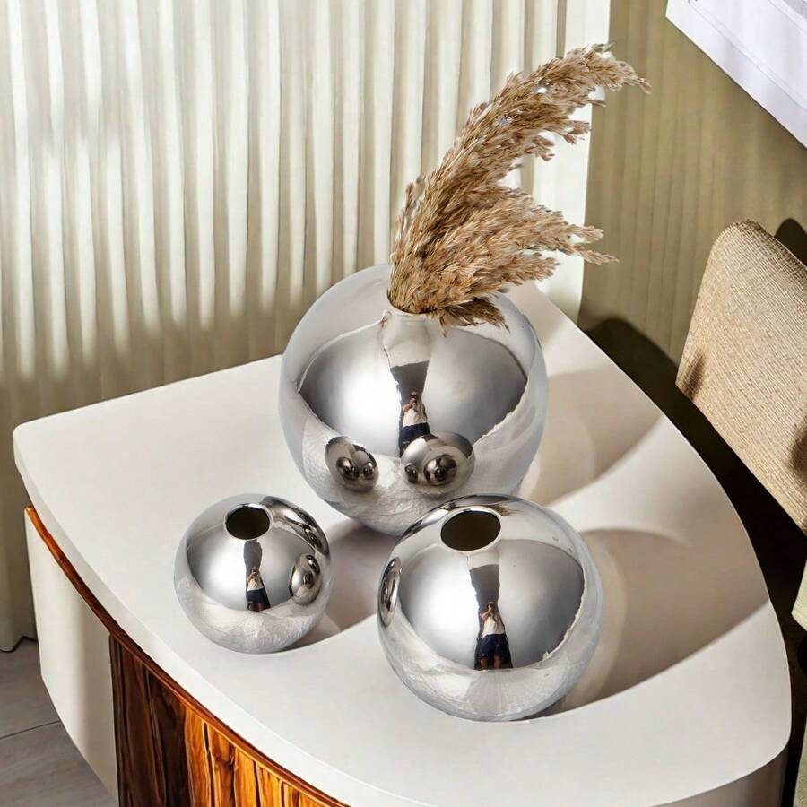 北歐現代極簡創意銀飾陶瓷水培花瓶，家居客廳電視櫃裝飾，辦公桌裝飾花盆 - 銀色 - 查看 1