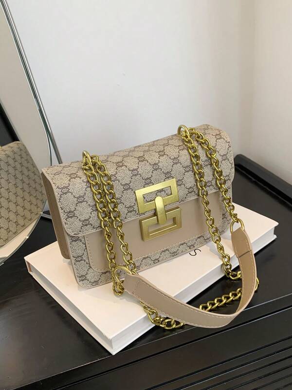 حقيبة كتف نسائية ذات تصميم زهري عتيق وحزام سلسلة، حقيبة مربعة أنيقة للسيدات بتصميم كلاسيكي (مقبض أمامي ذهبي اللون، نسيج زهري متعدد الاستخدامات، مناسبة للسيدات الأنيقات)