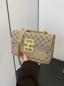 復古花卉圖案女士鏈條肩袋，時尚女士方形軟蓋包，經典設計(金色鎖扣，多用途花卉布料，適合優雅女士使用) - 卡其色 - 查看 11