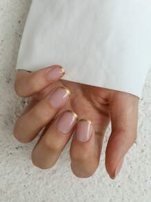 24入組短方形套指甲，金色法式尖端假指甲，全金假甲短假甲方形圓形，為女性和女孩提供精緻、優雅、時尚的美甲，提升您的風格 - 彩色 - 查看 1