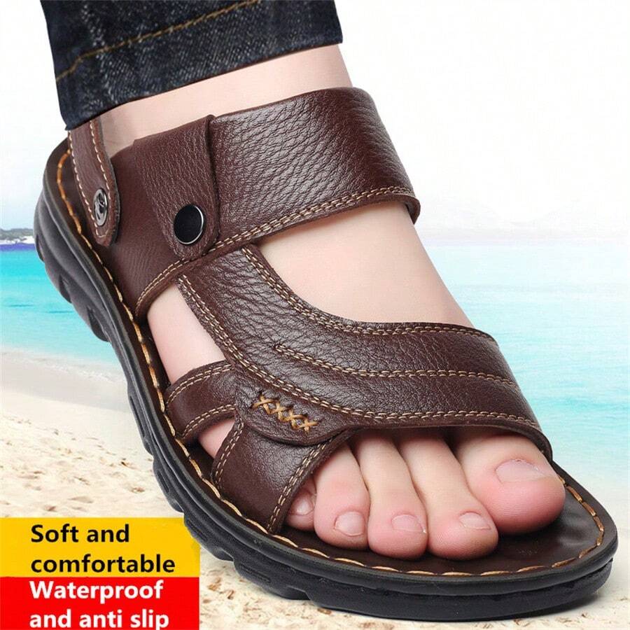 Leren sandalen voor heren met open neus, dual-wear modieuze casual strandschoenen met dikke antislipzool, comfortabel - Bruin - Bekijken 1