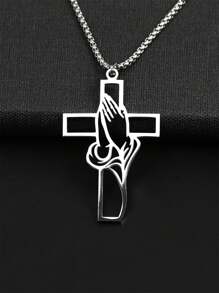Christian Bible Cross Necklace, Stainless Steel Pendant Chain For Men, Prayer Jesus Jewelry Gift, Corrente Men - Silver - View 2