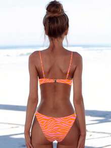 女士夏季海灘斑馬紋橙粉色性感細肩帶比基尼套裝泳衣